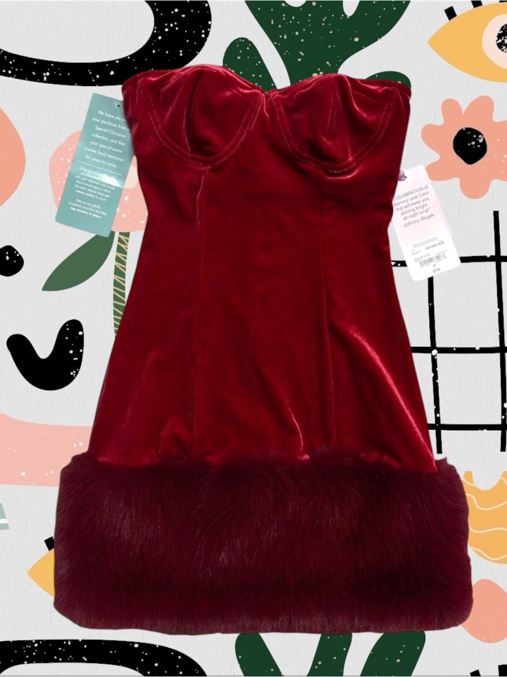 NWT✨ | Johnny Wujek | Red Velvet Strapless Mini Dress with Faux Fur Trim